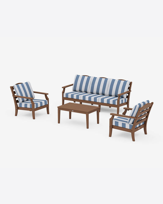 Draper James Teak Savannah 4-Piece Deep Seating Set with Sofa in Cabana Stripe