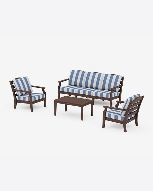 Draper James Mahogany Savannah 4-Piece Deep Seating Set with Sofa in Cabana Stripe